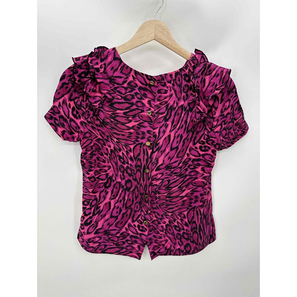 Juicy Couture Pink Animal Print Short Sleeve Silk Blouse Women Size 2 - Picture 7 of 8